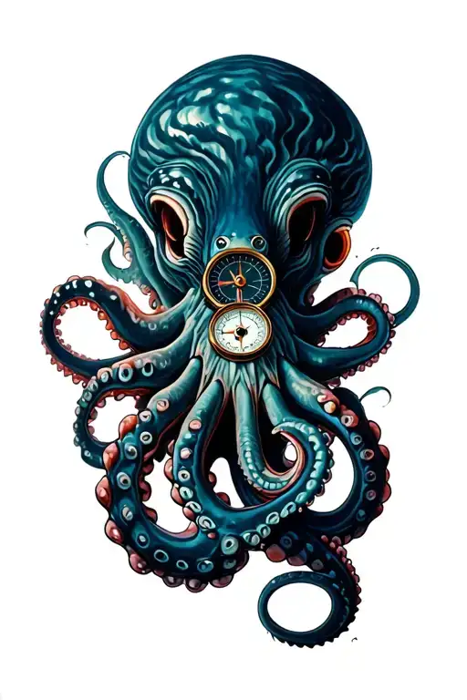 kracken octopus hold compass with waves, tentacles spread out tattoo design idea