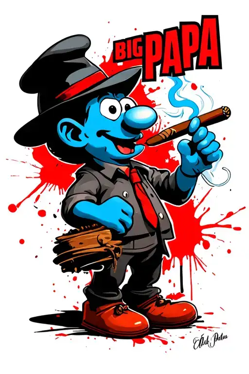 "Big Papa" gangster papa smurf smoking a cigar tattoo design idea
