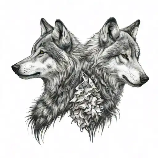 two wolves looking at each other. standing opposite and looking at each other. one of them white colour tattoo design idea