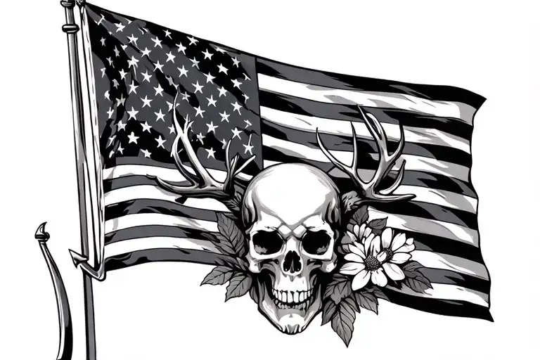 American flag, with skull, anchor, wild flowers and buck tattoo design idea