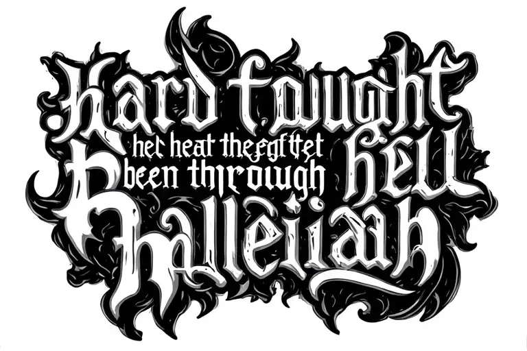 the words "hard fought heart felt been through hell hallelujah" written in medieval font with the words "been through he tattoo design idea