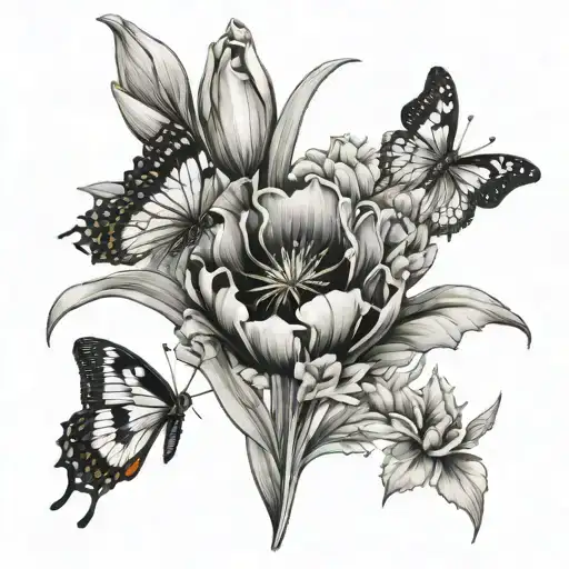 tulips and marigold with butterflies   tattoo design idea