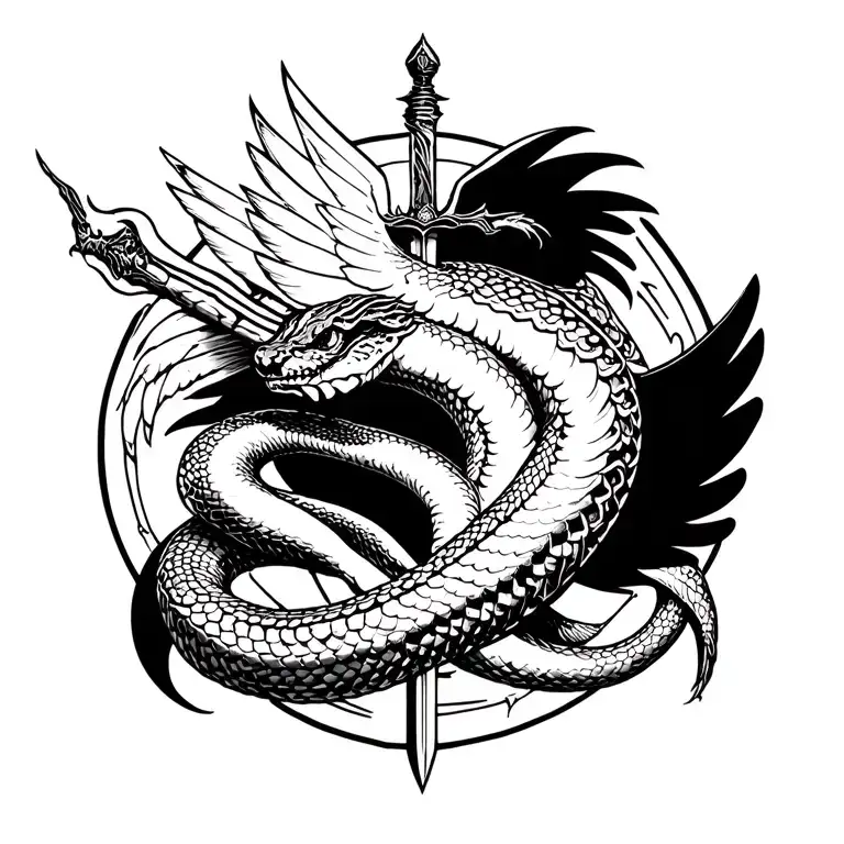 Snake sword on the back and like fairy wings around and I want it to have 3 dates distributed by the T tattoo design idea