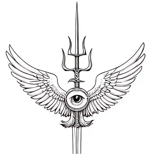trident with eagle wings spanning out  one eye of lord shiva at swords at bottom touching lower portion of trident tattoo design idea