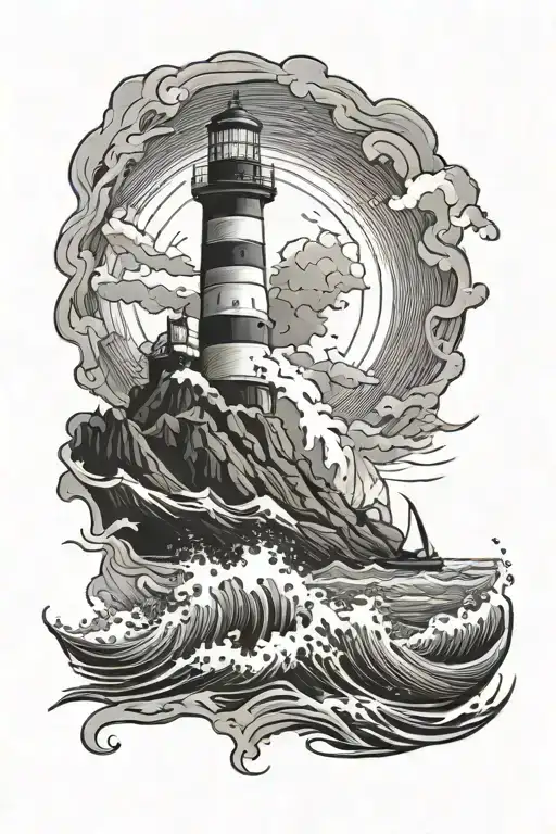 lighthouse waves crashing, with saild boat sailing tattoo design idea