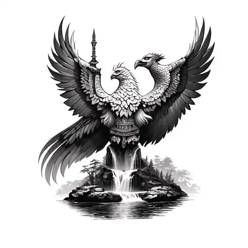 Design a leg sleeve in realism with a waterfall in a forest with the Indonesian Garuda, Tampels and the Land Weapon tattoo design idea