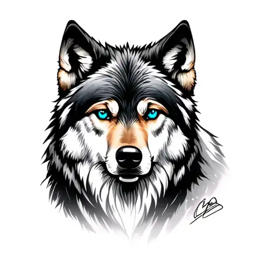 Create realistic wolf tattoo ideas, redheading to the moon, with detail from the blue eye to cinnamon tattoo design idea