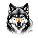 Create realistic wolf tattoo ideas, redheading to the moon, with detail from the blue eye to cinnamon tattoo design idea