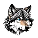 Create realistic wolf tattoo ideas, redheading to the moon, with detail from the blue eye to cinnamon tattoo design idea