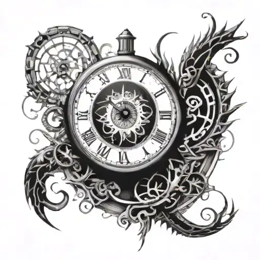 lack of time in the form of a clock and an eye inside that watches tattoo design idea