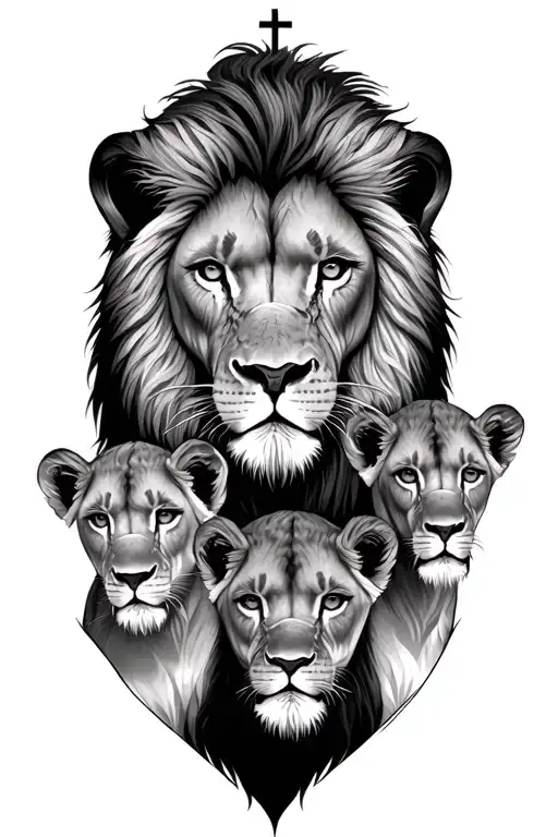 male lion with cross on its eye surrounded by lioness and 3 cubs tattoo design idea