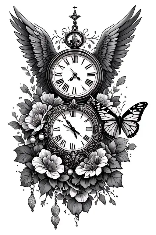 clock roman numerals, wings, praying with rosary and butterfly tattoo design idea