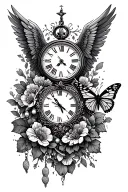 clock roman numerals, wings, praying with rosary and butterfly tattoo design idea