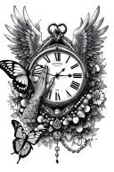clock roman numerals, wings, praying with rosary and butterfly tattoo design idea