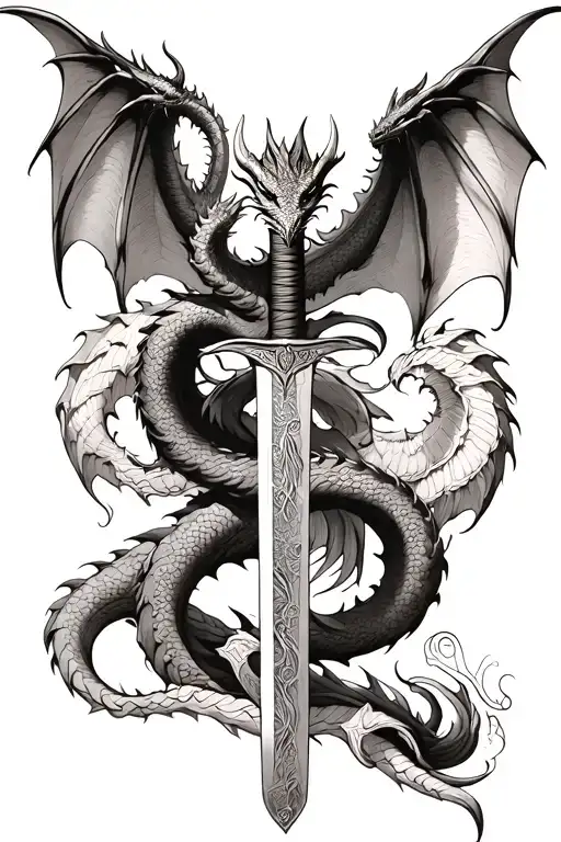 dragon wings spread behind a sword with tail wrapped around it tattoo design idea