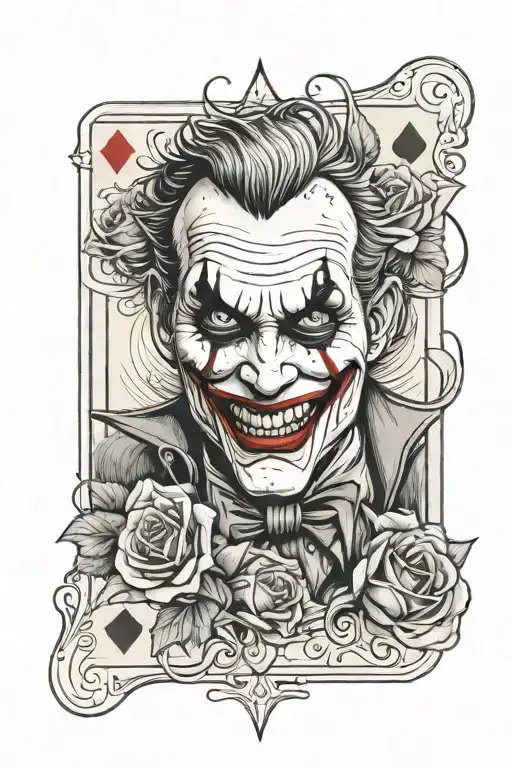 joker playing card, with shull joker holding a rose. tattoo design idea