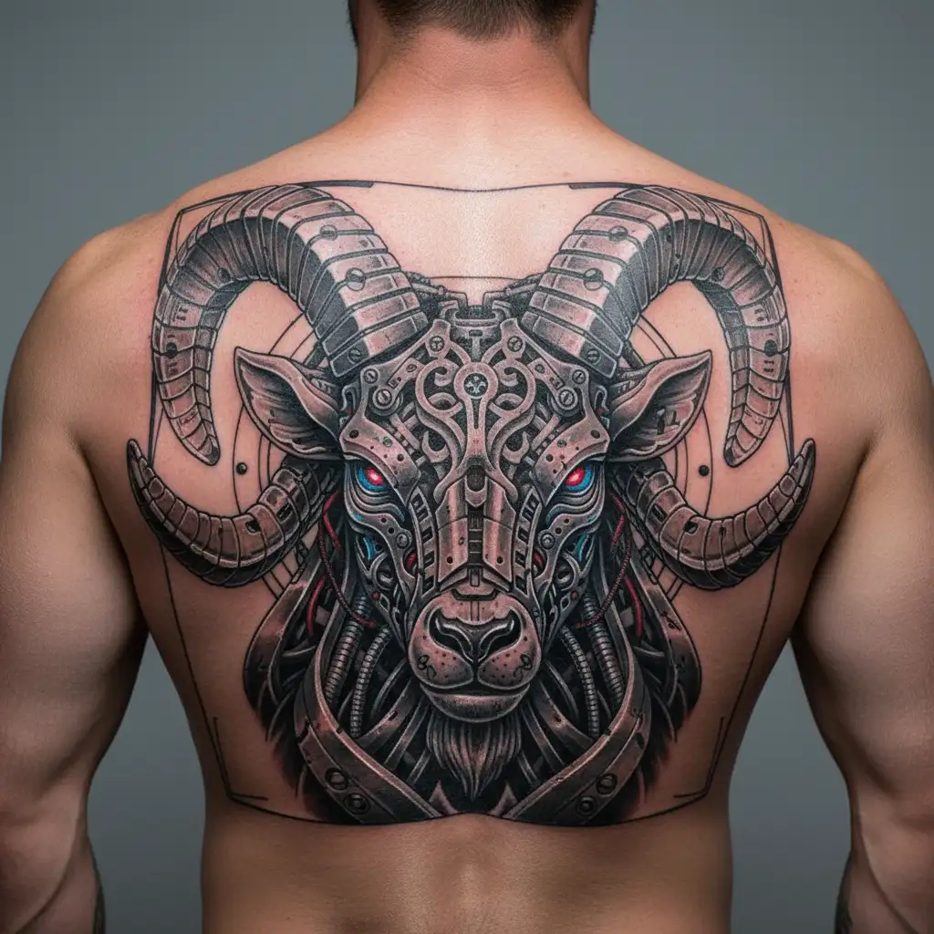 Aries in half realistic and half geometric style tattoo design idea