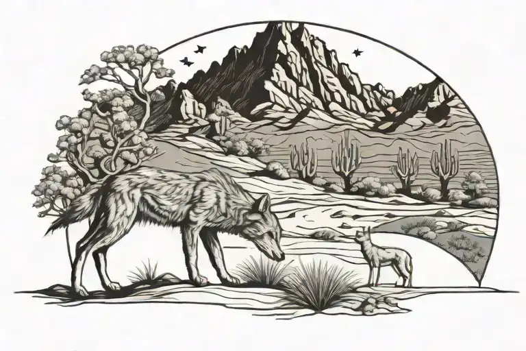 1 Corinthians 16:13 with coyote in desert landscape tattoo design idea