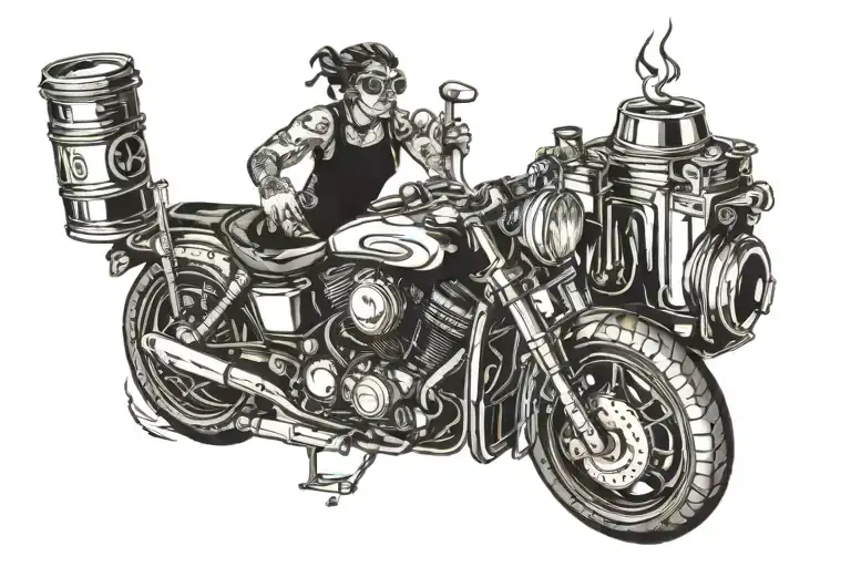 Avenger motorbike and camera lens and coffee cup tattoo design idea