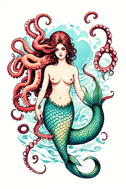 Topless Mermaid and Octopus wrapping its tentacles around her tattoo design idea