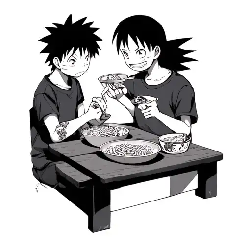 naruto, luffy and goen  from hunter x hunter eating ramen together tattoo design idea