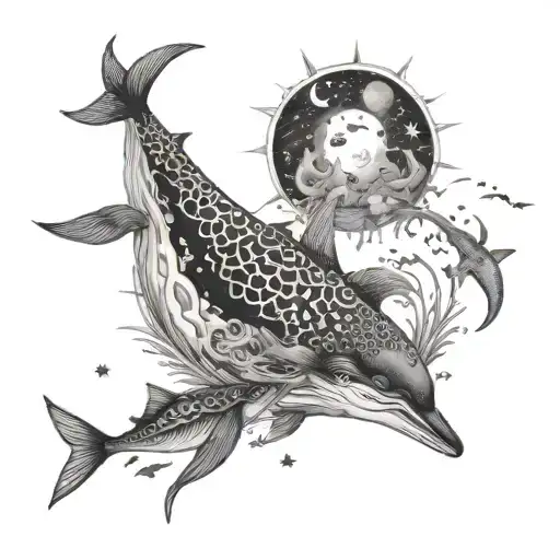 A mystical underwater scene featuring animals from the ocean surrounded by sun, moon, and stars in black and grey tones tattoo design idea