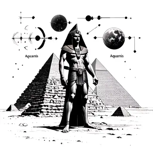 Horus standing in front of the pyramids with the constallations Cancer, Aquarius, and Gemini in the sky tattoo design idea