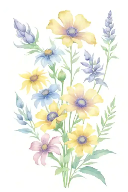 flower bouquet with fire poppy, purple coneflower, broadleaf arnica, and lindseys blazingstar tattoo design idea