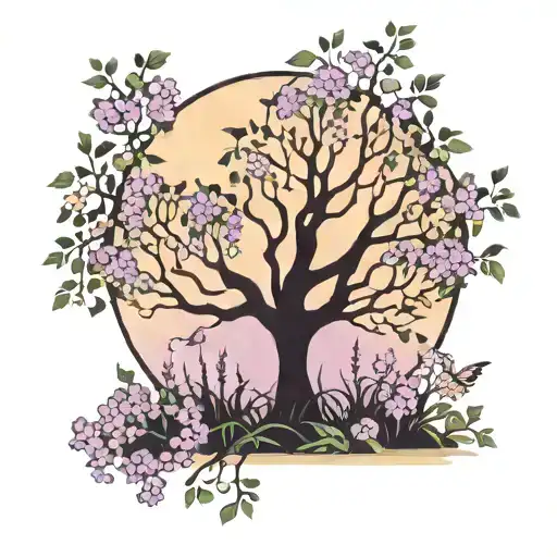 willow tree silhouette surrounded by ivy and lilac flower field tattoo design idea