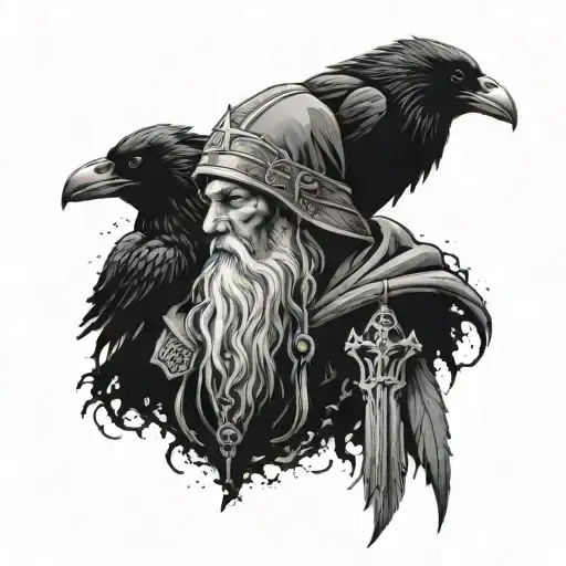 Odin in the hood with his ravens Huginn and Muninn tattoo design idea