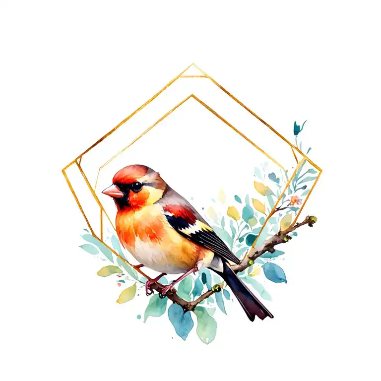goldfinch inside geometric frame tattoo design idea