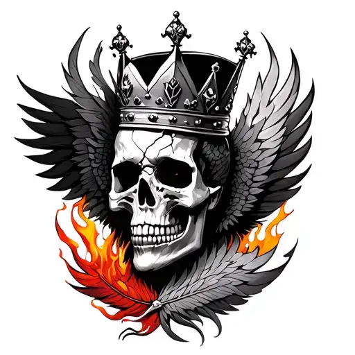 A realistic colorful tattoo design of a cracked skull wearing a royal crown, surrounded by phoenix feathers, flames, and tattoo design idea