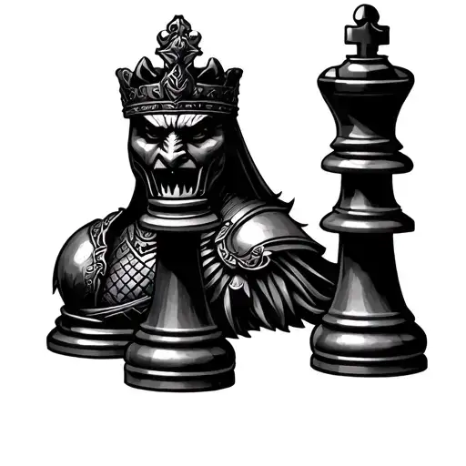 Chess pieces: the king is a silouhette of a black king and the queen piece looks fierce. a knight, rook, and bishop tattoo design idea
