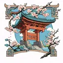 torii gate with cherry blossom tree and petals falling down and blue Herron landing tattoo design idea
