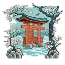 torii gate with cherry blossom tree and petals falling down and blue Herron landing tattoo design idea