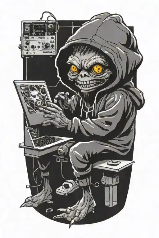 "gremlin wearing a hoodie is using a laptop" circuit board tattoo design idea