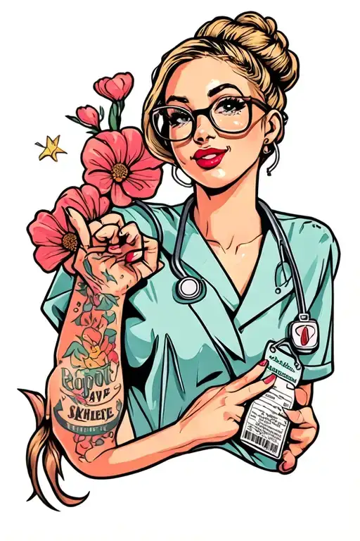 pinup, scrubs, messy bun, glasses, id badge, magnet, cute, pretty, nails tattoo design idea