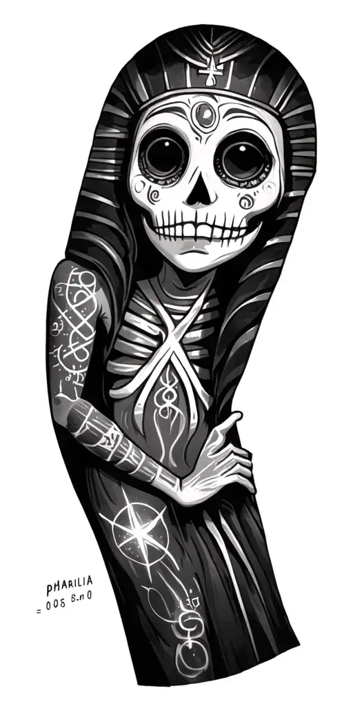 voodoo dolls, runes and magical symbols, chemical equations, and drugs pharaohnillia  tattoo design idea