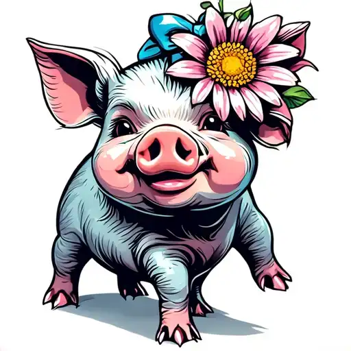 baby girl pig with aster flower and a bow on head tattoo design idea