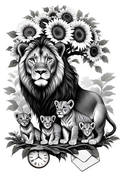 Queen lioness with 3 cubs under family tree with a time clock and sunflowers and envelope  tattoo design idea
