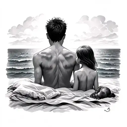 father and his son and his daughter from behind face the sea with a bed tattoo design idea