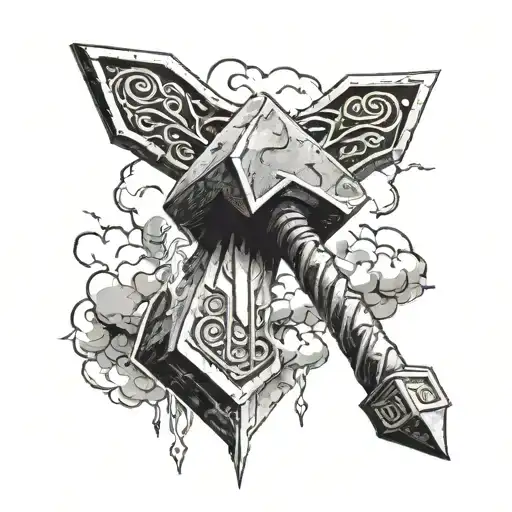 Create a realism tattoo for Thors hammer with lightning and clouds tattoo design idea
