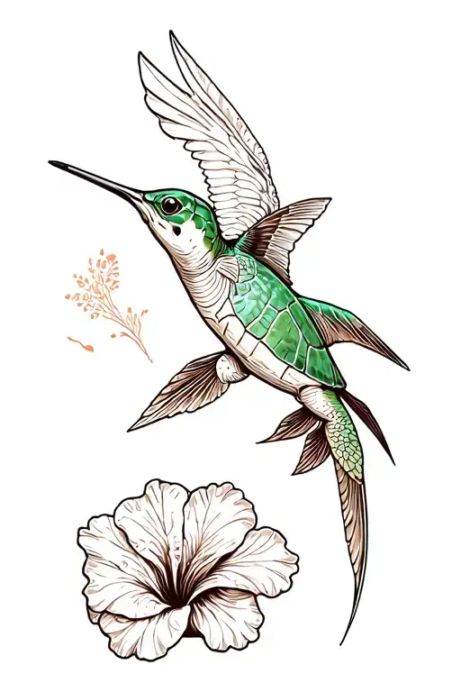 flying fish, green turtle, humming bird, trident, pride of hibiscus flower, conch shell tattoo design idea
