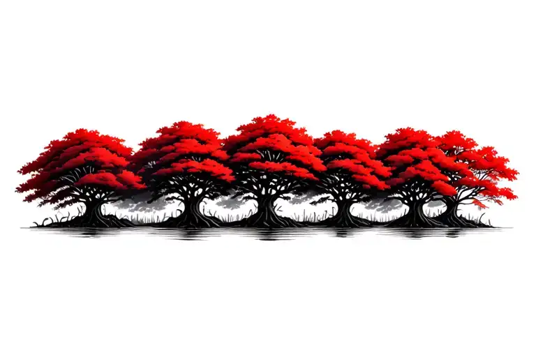 red mangroves in a row, small gap between trees, naturally accurate root systems and leaves, no color tattoo design idea