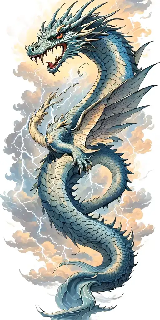 leviathan, virgo, typhoon, wings, clouds, dragon, fighting, midgar background, manlike body, storm, lightning tattoo design idea