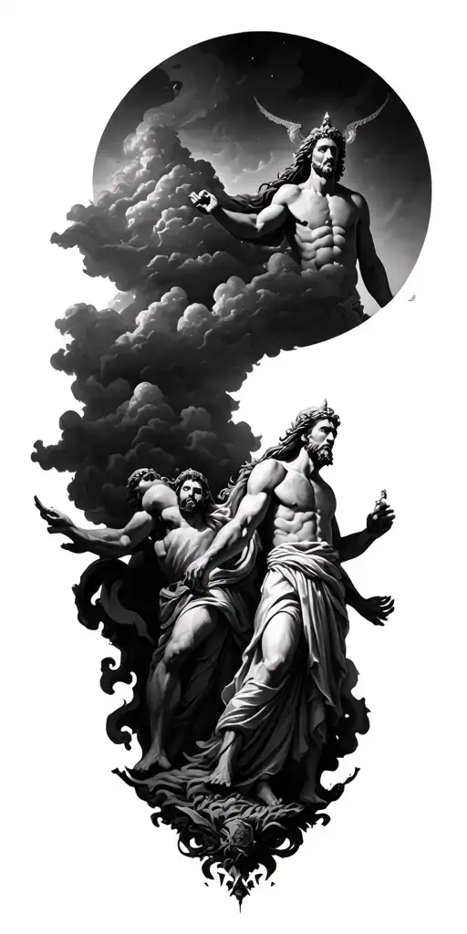 olympus gods with hades in hell at the bottom and zeus in the clouds on the shoulder tattoo design idea