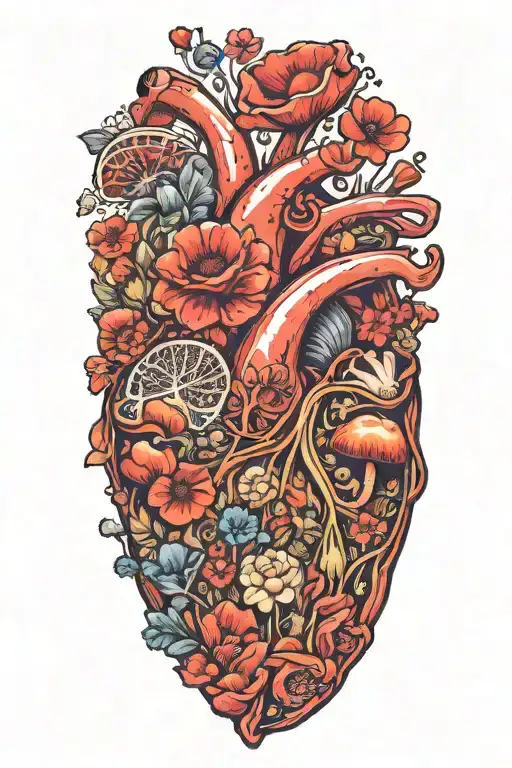 abstract design human heart, poppies, anemones, mushrooms, love and the letters J and C tattoo design idea