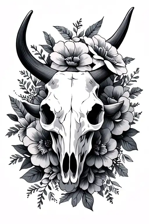 Steer Skull side profile with flowers intertwined tattoo design idea