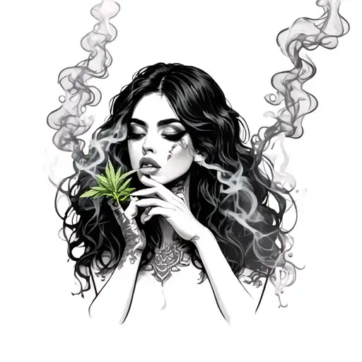 women smoking weed with smoke around her body goth and Japanese style  tattoo design idea