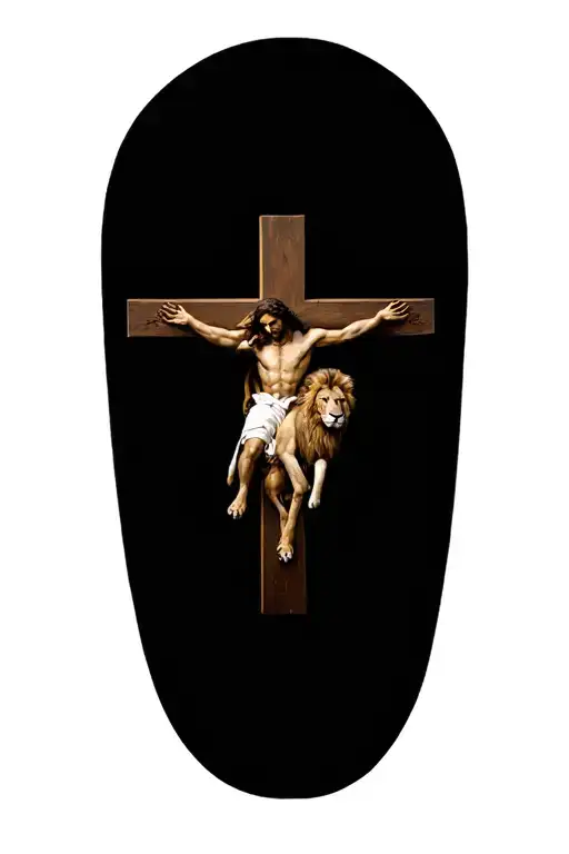 Jesus cross surrounded by Lion of Judah laying with the Lamb tattoo design idea